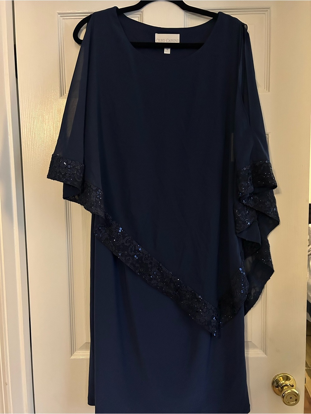 Oleg Cassini Navy Beaded Capelet Midi Dress